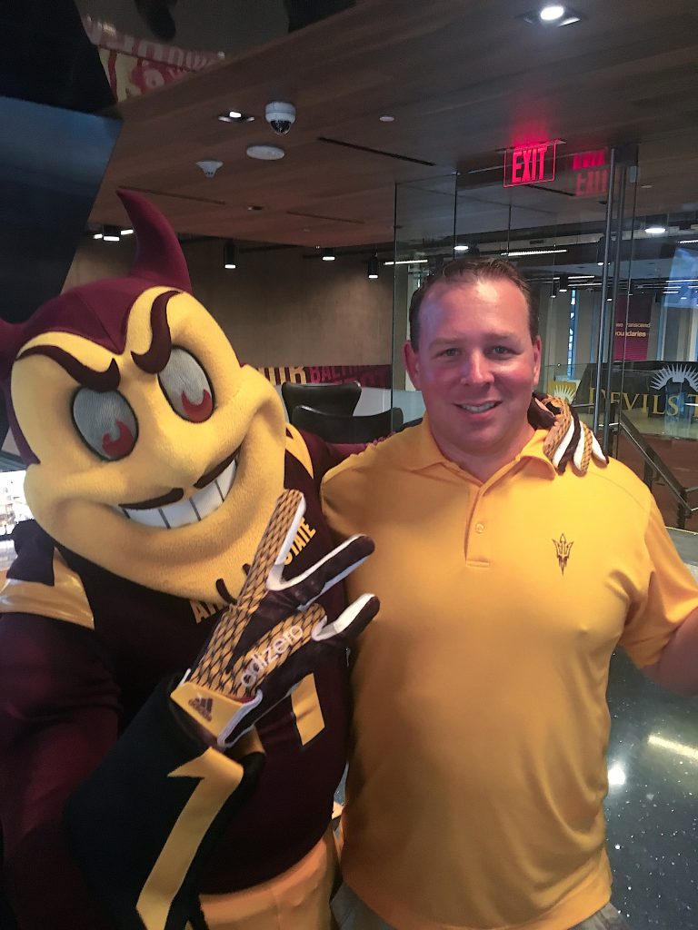 Jeff Dial with Sparky, the Arizona State University mascot