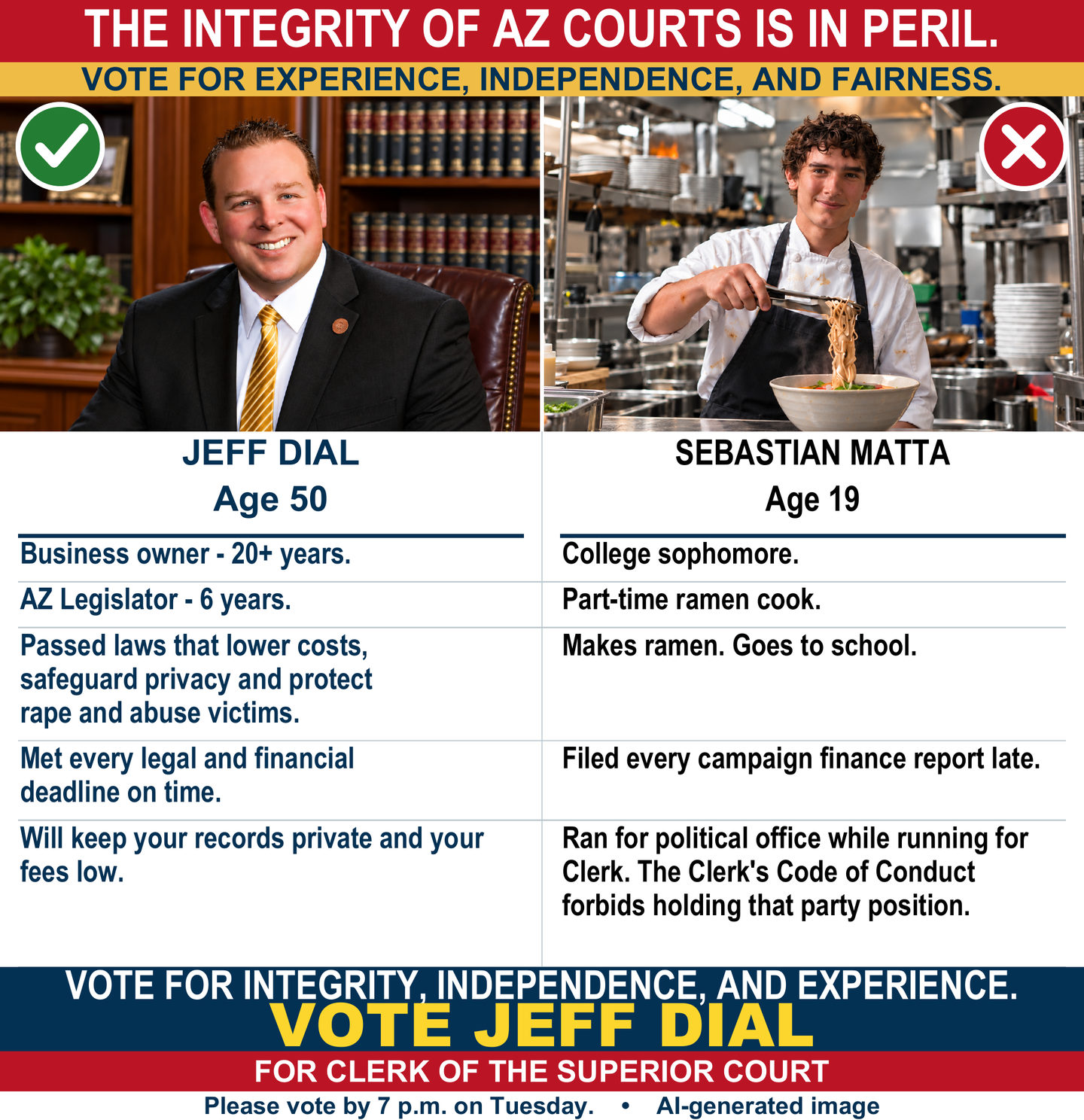 Campaign comparison graphic. Headline: THE INTEGRITY OF AZ COURTS IS IN PERIL. VOTE FOR EXPERIENCE, INDEPENDENCE, AND FAIRNESS. Left, with a green check: Jeff Dial, Age 50, in a suit in an office with law books: Business owner - 20+ years. AZ Legislator - 6 years. Passed laws that lower costs, safeguard privacy and protect rape and abuse victims. Met every legal and financial deadline on time. Will keep your records private and your fees low. Right, with a red X: Sebastian Matta, Age 19, in a kitchen serving ramen: College sophomore. Part-time ramen cook. Makes ramen. Goes to school. Filed every campaign finance report late. Ran for political office while running for Clerk. The Clerk’s Code of Conduct forbids holding that party position. Footer: VOTE FOR INTEGRITY, INDEPENDENCE, AND EXPERIENCE. VOTE JEFF DIAL FOR CLERK OF THE SUPERIOR COURT. Please vote by 7 p.m. on Tuesday. AI-generated image.